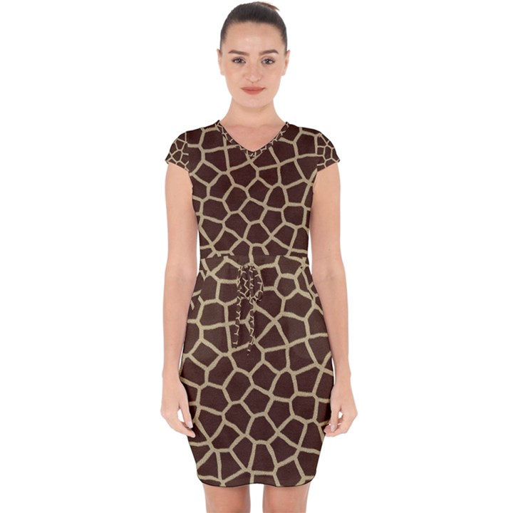 Giraffe Animal Print Skin Fur Capsleeve Drawstring Dress 