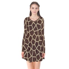 Giraffe Animal Print Skin Fur Long Sleeve V-neck Flare Dress by Wegoenart