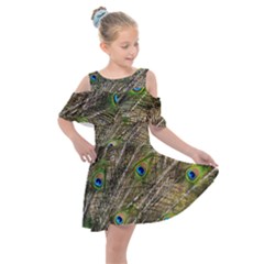 Peacock Feathers Color Plumag Kids  Shoulder Cutout Chiffon Dress