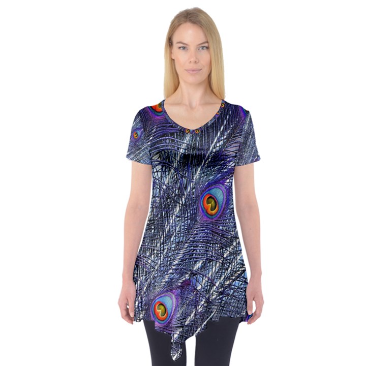 Peacock Feathers Color Plumage Short Sleeve Tunic 