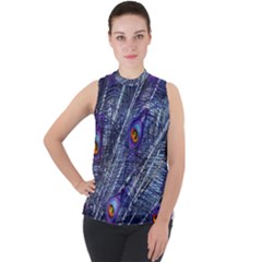 Peacock Feathers Color Plumage Mock Neck Chiffon Sleeveless Top