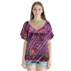 Peacock Feathers Color Plumage V-neck Flutter Sleeve Top by Wegoenart