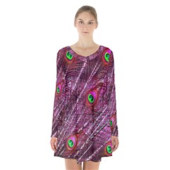 Peacock Feathers Color Plumage Long Sleeve Velvet V-neck Dress