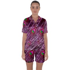 Peacock Feathers Color Plumage Satin Short Sleeve Pyjamas Set by Wegoenart