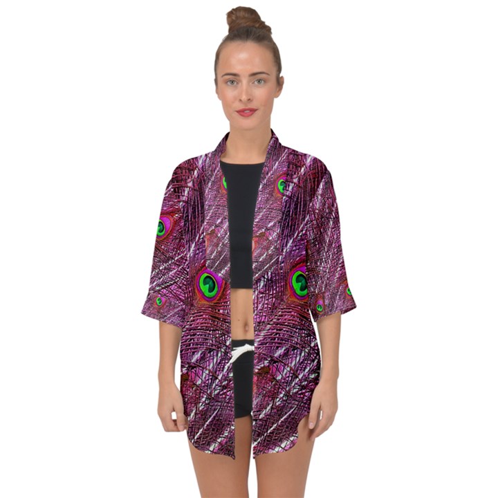 Peacock Feathers Color Plumage Open Front Chiffon Kimono