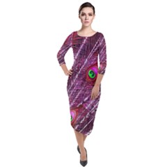 Peacock Feathers Color Plumage Quarter Sleeve Midi Velour Bodycon Dress