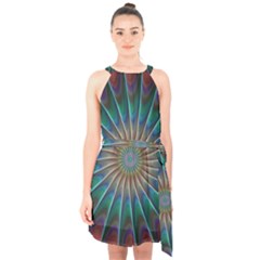 Fractal Peacock Rendering Halter Collar Waist Tie Chiffon Dress