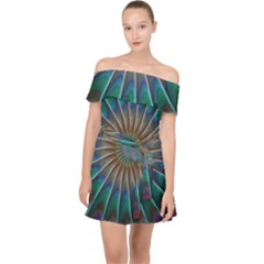 Fractal Peacock Rendering Off Shoulder Chiffon Dress