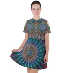 Fractal Peacock Rendering Short Sleeve Shoulder Cut Out Dress 