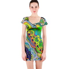 Cosmic Lizards With Alien Spaceship Short Sleeve Bodycon Dress by chellerayartisans