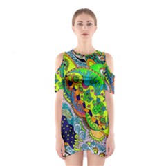 Cosmic Lizards With Alien Spaceship Shoulder Cutout One Piece Dress