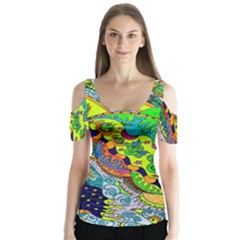 Cosmic Lizards With Alien Spaceship Butterfly Sleeve Cutout Tee 