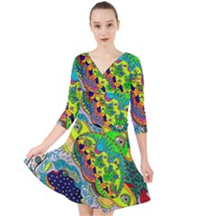 Cosmic Lizards With Alien Spaceship Quarter Sleeve Front Wrap Dress