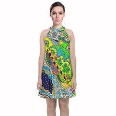 Cosmic Lizards With Alien Spaceship Velvet Halter Neckline Dress 