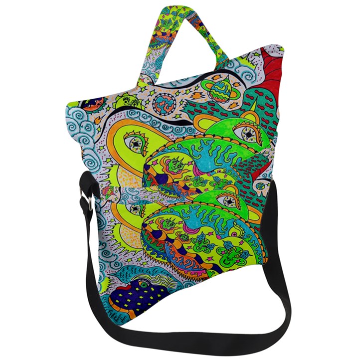 Cosmic Lizards With Alien Spaceship Fold Over Handle Tote Bag