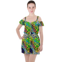 Cosmic Lizards With Alien Spaceship Ruffle Cut Out Chiffon Playsuit