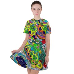 Cosmic Lizards With Alien Spaceship Short Sleeve Shoulder Cut Out Dress 