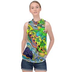 Cosmic Lizards With Alien Spaceship High Neck Satin Top