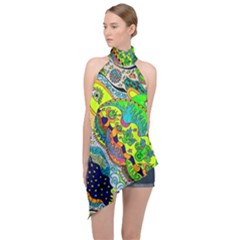 Cosmic Lizards With Alien Spaceship Halter Asymmetric Satin Top