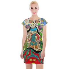 Supersonic Volcanic Sunmoon Faces Cap Sleeve Bodycon Dress