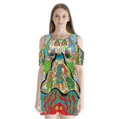 Supersonic Volcanic Sunmoon Faces Shoulder Cutout Velvet One Piece by chellerayartisans