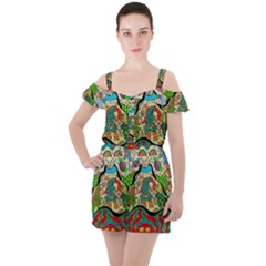 Supersonic Volcanic Sunmoon Faces Ruffle Cut Out Chiffon Playsuit