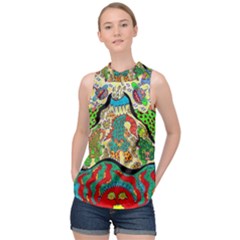 Supersonic Volcanic Sunmoon Faces High Neck Satin Top