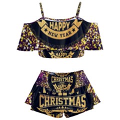 Christmas Golden Labels Xmas Kids  Off Shoulder Skirt Bikini by Simbadda