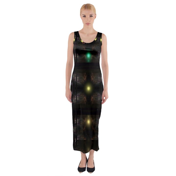 Abstract Sphere Box Space Hyper Fitted Maxi Dress