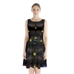 Abstract Sphere Box Space Hyper Sleeveless Waist Tie Chiffon Dress