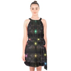 Abstract Sphere Box Space Hyper Halter Collar Waist Tie Chiffon Dress