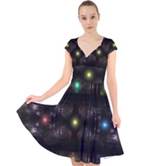 Abstract Sphere Box Space Hyper Cap Sleeve Front Wrap Midi Dress