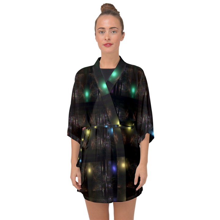 Abstract Sphere Box Space Hyper Half Sleeve Chiffon Kimono