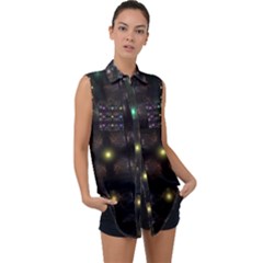 Abstract Sphere Box Space Hyper Sleeveless Chiffon Button Shirt