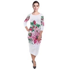 Bloom Christmas Red Flowers Quarter Sleeve Midi Velour Bodycon Dress