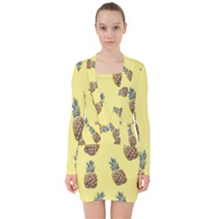 Pineapples Fruit Pattern Texture V-neck Bodycon Long Sleeve Dress by Simbadda