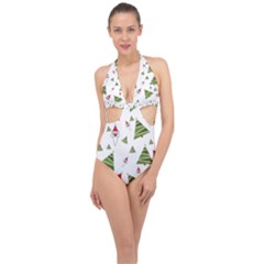 Christmas Santa Claus Decoration Halter Front Plunge Swimsuit