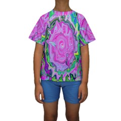 Groovy Pink, Blue And Green Abstract Liquid Art Kids  Short Sleeve Swimwear by myrubiogarden