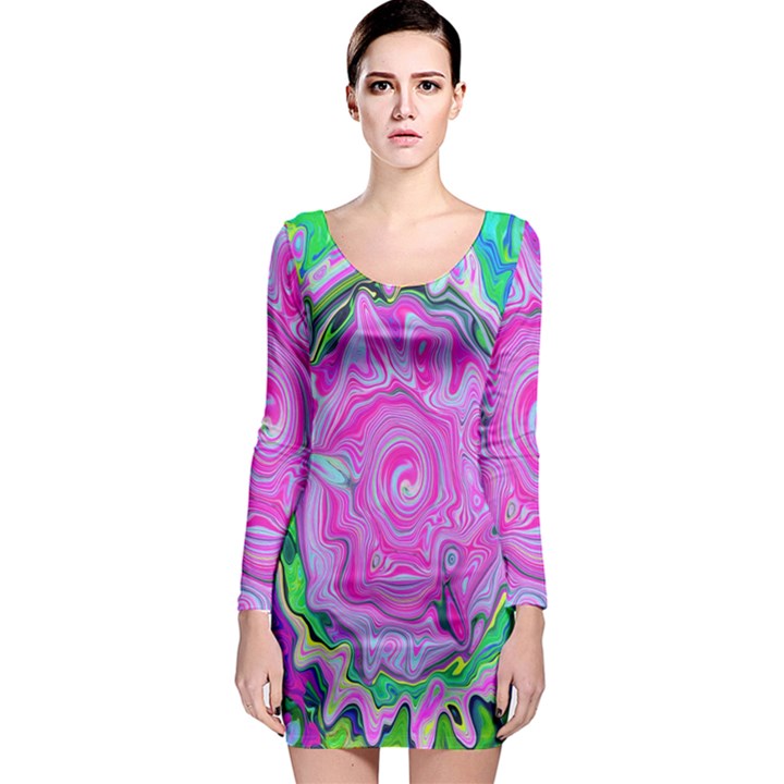 Groovy Pink, Blue And Green Abstract Liquid Art Long Sleeve Bodycon Dress