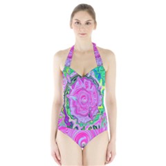 Groovy Pink, Blue And Green Abstract Liquid Art Halter Swimsuit by myrubiogarden