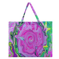 Groovy Pink, Blue And Green Abstract Liquid Art Zipper Large Tote Bag by myrubiogarden