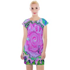 Groovy Pink, Blue And Green Abstract Liquid Art Cap Sleeve Bodycon Dress by myrubiogarden