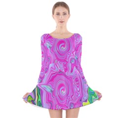 Groovy Pink, Blue And Green Abstract Liquid Art Long Sleeve Velvet Skater Dress