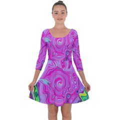 Groovy Pink, Blue And Green Abstract Liquid Art Quarter Sleeve Skater Dress by myrubiogarden