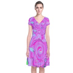 Groovy Pink, Blue And Green Abstract Liquid Art Short Sleeve Front Wrap Dress by myrubiogarden