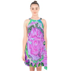 Groovy Pink, Blue And Green Abstract Liquid Art Halter Collar Waist Tie Chiffon Dress by myrubiogarden