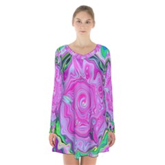 Groovy Pink, Blue And Green Abstract Liquid Art Long Sleeve Velvet V-neck Dress