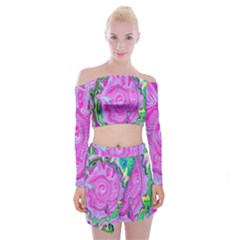 Groovy Pink, Blue And Green Abstract Liquid Art Off Shoulder Top With Mini Skirt Set by myrubiogarden