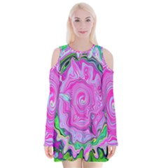 Groovy Pink, Blue And Green Abstract Liquid Art Velvet Long Sleeve Shoulder Cutout Dress