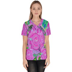 Groovy Pink, Blue And Green Abstract Liquid Art Women s V-neck Scrub Top by myrubiogarden